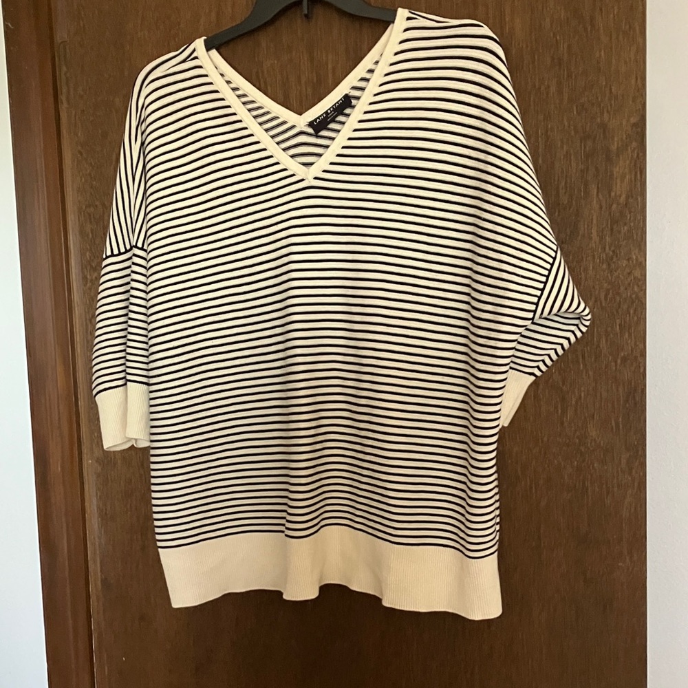 Lane Bryant Cream and Black Striped V-Neck Sweater